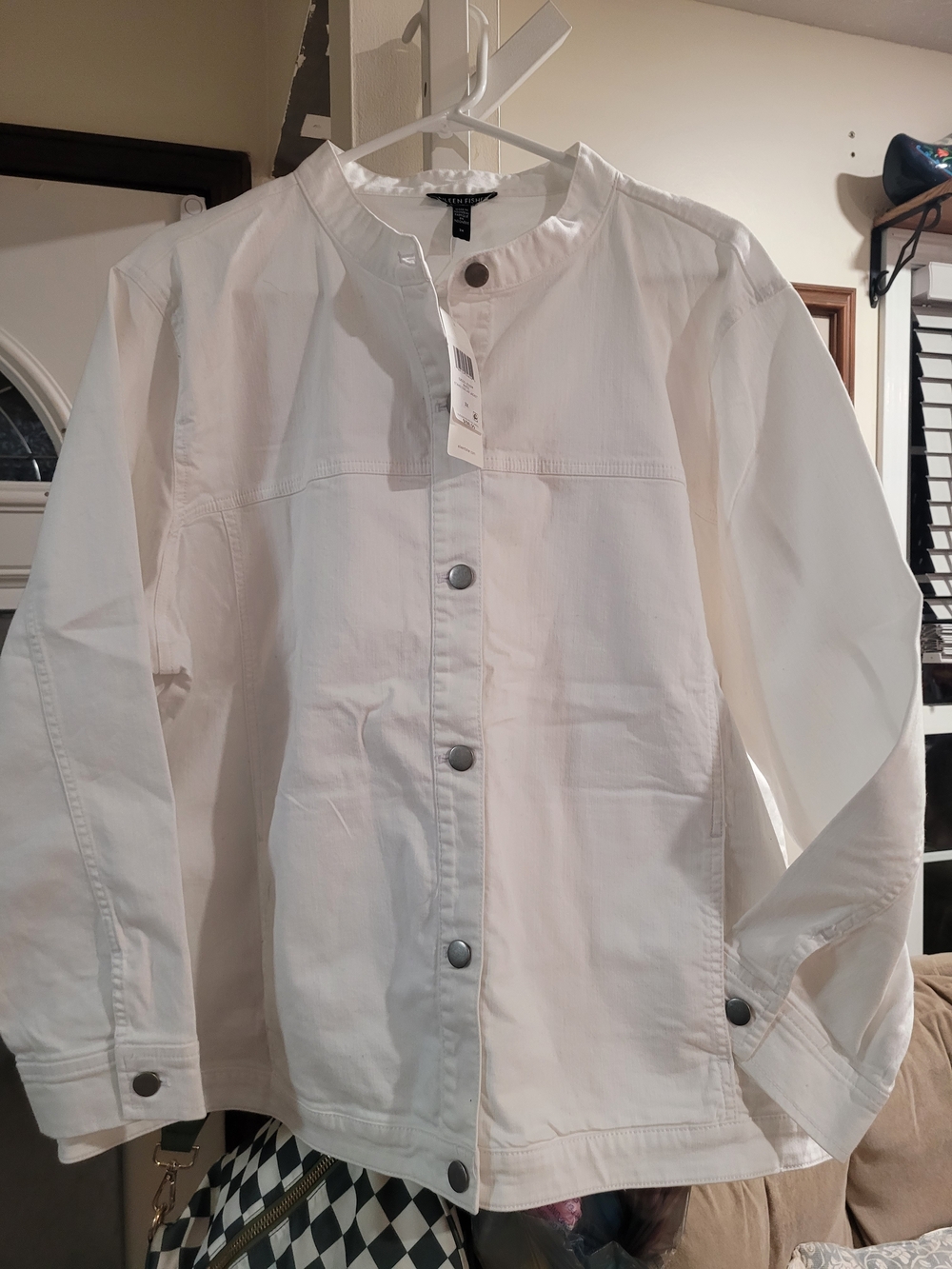 Eileen Fisher White Collarless Snap-Front Jean Jacket